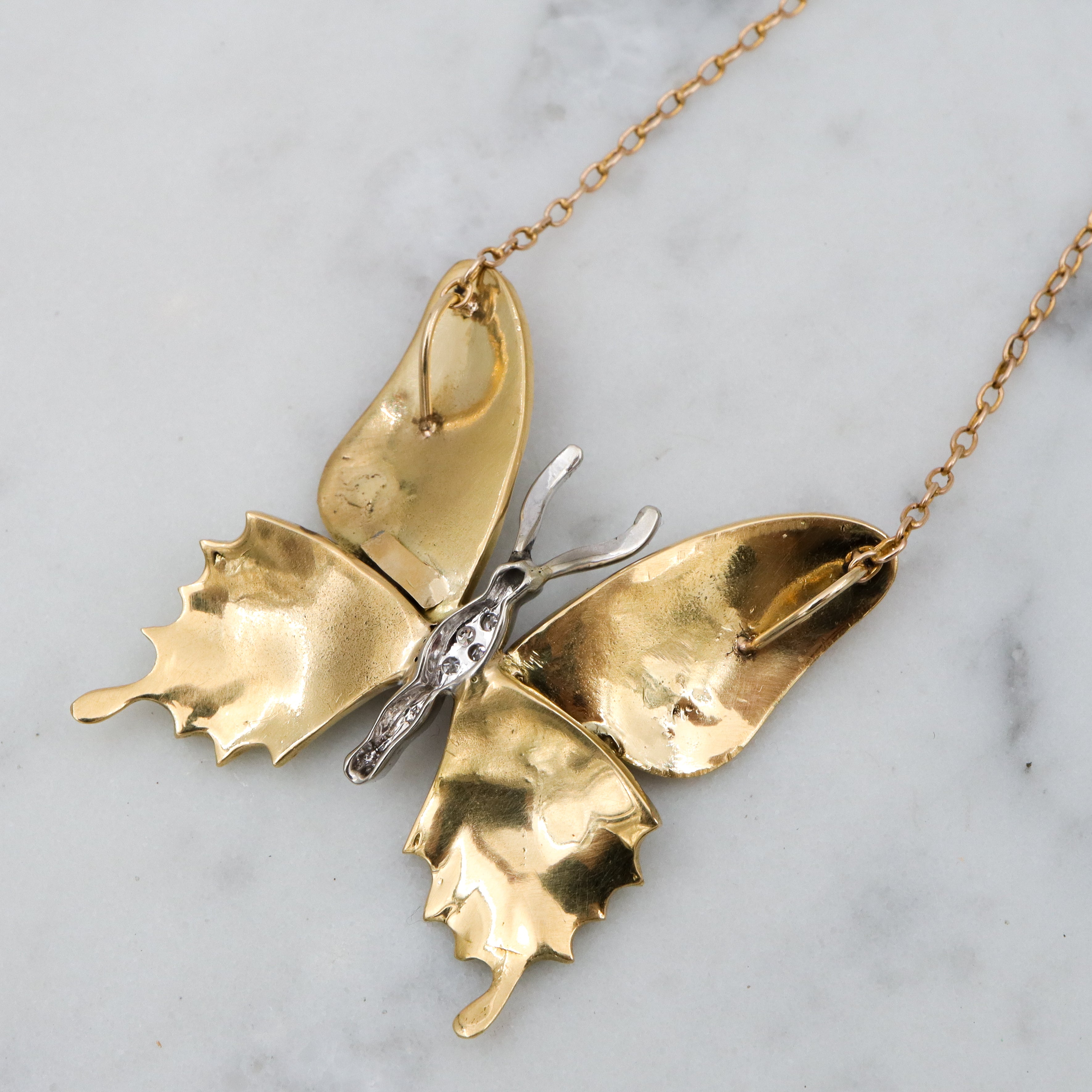 Antique 14k gold enamel & diamond butterfly pendant necklace